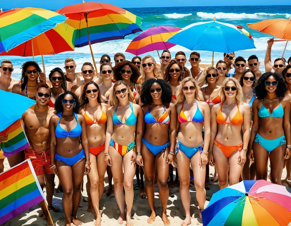 A vibrant beach scene featuring a diverse group of people wearing stylish, colorful LGBTQ+ swimwear and beachwear, showcasing various fashion trends. Include rainbow flags integrated into beach accessories and an inviting ocean backdrop. Surround the scene with beach towels, sun umbrellas, and a clear blue sky. Ensure the atmosphere is lively and inclusive. super-realistic. vibrant colors. sunny backdrop.