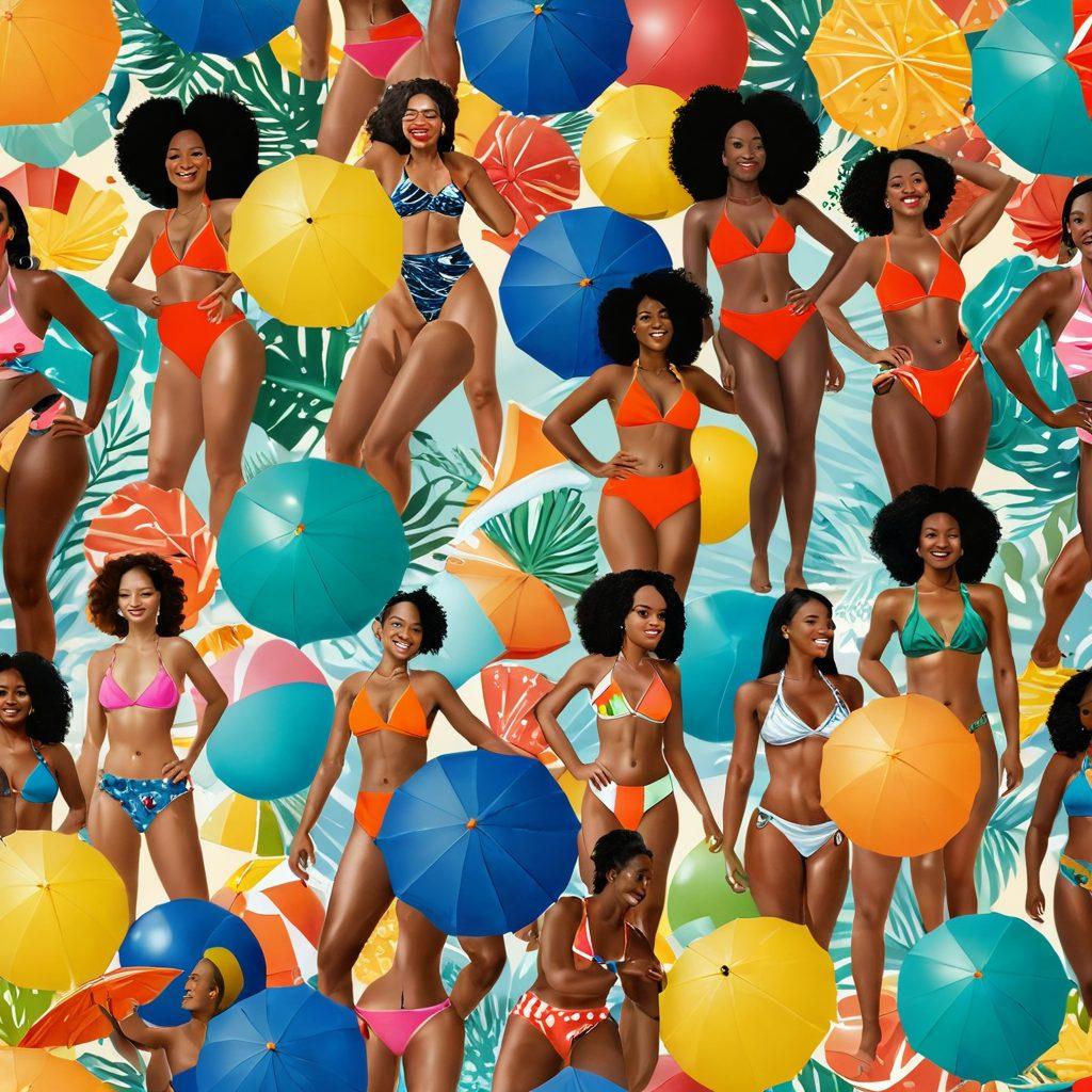A vibrant collage of diverse individuals confidently wearing various styles of swimwear, embracing inclusivity across body types, genders, and ethnic backgrounds. The background showcases a sunny beach setting with colorful umbrellas, surfboards, and people enjoying the water, reflecting joy and celebration of identity. Include playful elements like beach balls and tropical plants to enhance the lively atmosphere. super-realistic. vibrant colors. sunny beach scene.